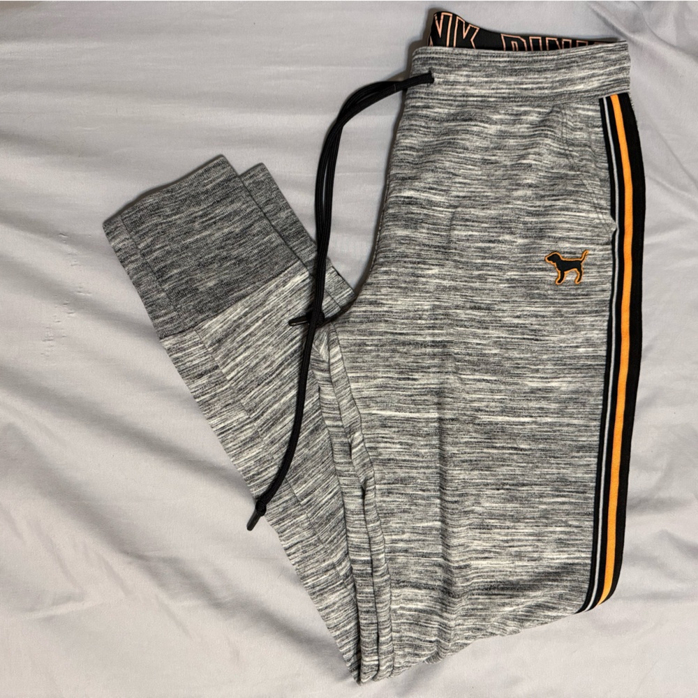 PINK Gray Joggers with Black and Orange Stripe